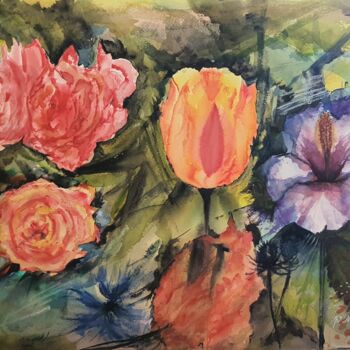 Pittura intitolato "Explosion florale" da Patricia Martinez-Quirce, Opera d'arte originale, Acquarello