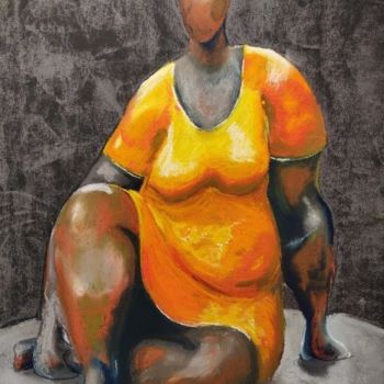 Desenho intitulada "femme à la robe jau…" por Patricia Menadier, Obras de arte originais, Pastel
