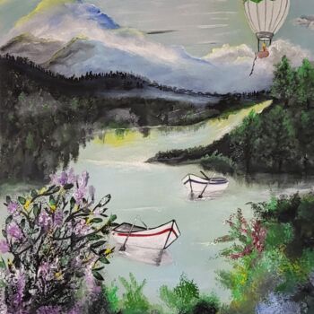 제목이 "Voyage en ballon"인 미술작품 Patricia Poulot로, 원작, 아크릴 나무 들것 프레임에 장착됨