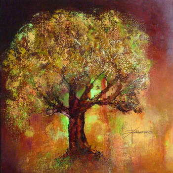 Painting titled "L'arbre d'ambre" by Patricia Ritschard, Original Artwork, Acrylic Mounted on Wood Stretcher frame