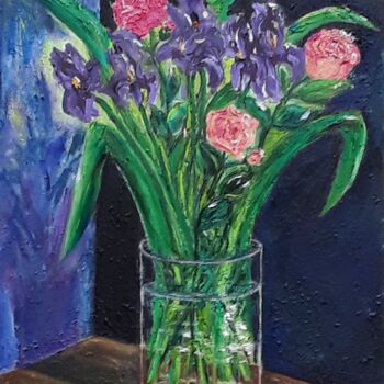 Schilderij getiteld "D'iris et de roses" door Patricia Sensidoni, Origineel Kunstwerk, Olie