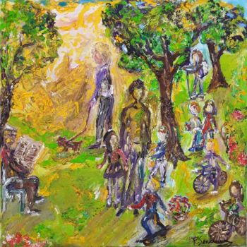 Painting titled "Promenade au parc" by Patricia Sensidoni, Original Artwork, Oil Mounted on Wood Stretcher frame
