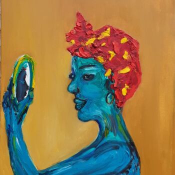 Painting titled "Femme  au miroir" by Patricia Sensidoni, Original Artwork, Oil Mounted on Wood Stretcher frame