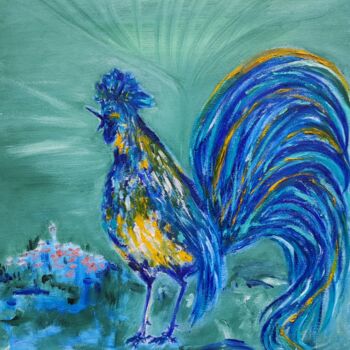 Painting titled "Le coq" by Patricia Sensidoni, Original Artwork, Oil Mounted on Wood Stretcher frame