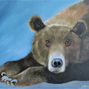 Painting titled "l'ours brun "Barney…" by Patricia Hyvernat, Original Artwork, Oil Mounted on Wood Stretcher frame
