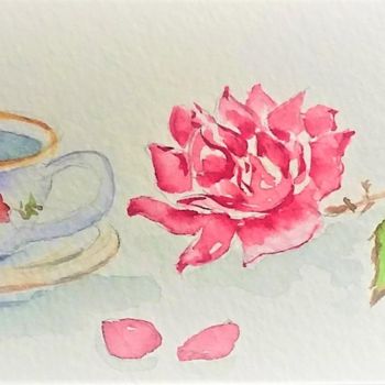 Malerei mit dem Titel "tasse de thé et ros…" von Patricia Hyvernat, Original-Kunstwerk, Aquarell