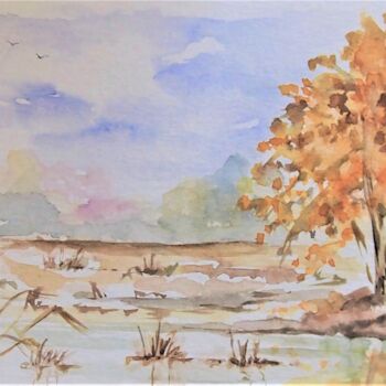 Painting titled "l'étang en automne…" by Patricia Hyvernat, Original Artwork, Watercolor