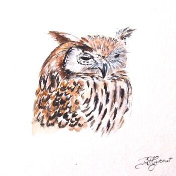 Painting titled "hibou grand duc end…" by Patricia Hyvernat, Original Artwork, Watercolor