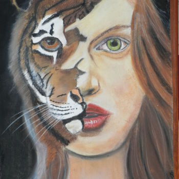 Peinture intitulée "mi-tigre-mi-femme.j…" par Patricia Chareyron, Œuvre d'art originale