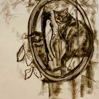 Dessin intitulée "Le chat à la colombe" par Patricia Segond, Œuvre d'art originale, Fusain