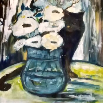 Painting titled "Chat au bouquet 3" by Patricia Segond, Original Artwork, Acrylic