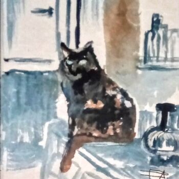 Desenho intitulada "Chat à la fenêtre 2" por Patricia Segond, Obras de arte originais, Tinta