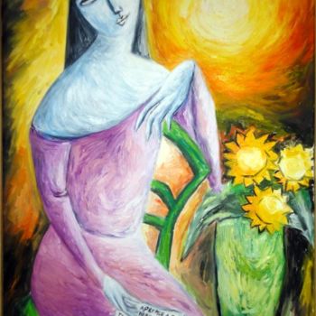 Painting titled "JOVEN CON GIRASOLES" by Patricia Tobaldo, Original Artwork, Oil