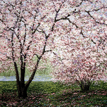 Painting titled "Lakeside Magnolias" by Patrick Antonelle, Original Artwork, Oil