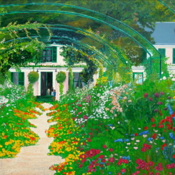 Ζωγραφική με τίτλο "Maison de Monet" από Patrick Bigeon, Αυθεντικά έργα τέχνης, Ακρυλικό Τοποθετήθηκε στο Ξύλινο φορείο σκελ…