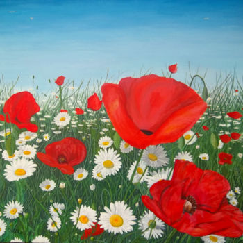 Painting titled "Coquelicots" by Patrick Bigeon, Original Artwork, Acrylic Mounted on Wood Stretcher frame