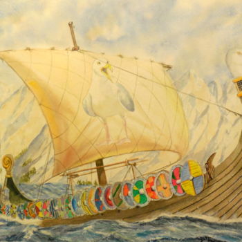 Ζωγραφική με τίτλο "Drakkar Goeland" από Patrick Bigeon, Αυθεντικά έργα τέχνης, Ακουαρέλα Τοποθετήθηκε στο Χαρτόνι