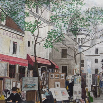 Картина под названием "Place du Tertre à P…" - Patrick Bigeon, Подлинное произведение искусства, Акварель