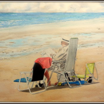 Pittura intitolato "Lecteur sur la plage" da Patrick Bigeon, Opera d'arte originale, Acquarello