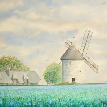 Painting titled "Moulin de Hauville…" by Patrick Bigeon, Original Artwork, Watercolor