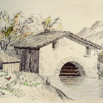 Zeichnungen mit dem Titel "Moulin  à eau en mo…" von Patrick Bigeon, Original-Kunstwerk, Tinte