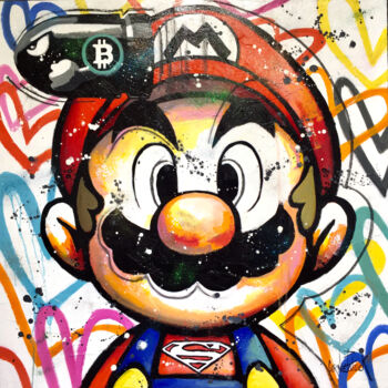 Painting titled "Mario loves Bitcoins" by Patrick Cornee, Original Artwork, Oil Mounted on Wood Stretcher frame
