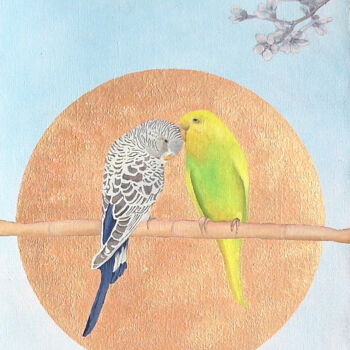 Painting titled "Parakeets And Almon…" by Patrick Gourgouillat, Original Artwork, Oil Mounted on Wood Stretcher frame