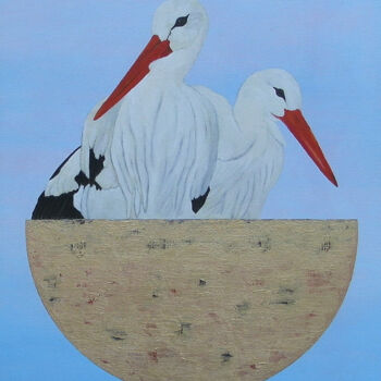 Peinture intitulée "Storks Called Arist…" par Patrick Gourgouillat, Œuvre d'art originale, Huile Monté sur Châssis en bois