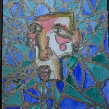 Drawing titled "Visage sur fond bleu" by Patrick Jeune, Original Artwork, Watercolor