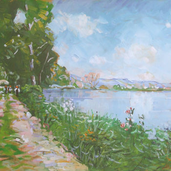 Painting titled "Le bord de Seine( p…" by Patrick Marie, Original Artwork, Oil Mounted on Wood Stretcher frame