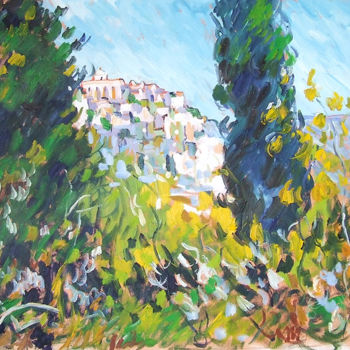 Painting titled "Gordes (Provence)" by Patrick Marie, Original Artwork, Oil Mounted on Wood Stretcher frame