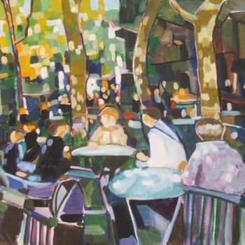 Malarstwo zatytułowany „La terrasse du café” autorstwa Patrick Marie, Oryginalna praca, Olej Zamontowany na Drewniana rama n…