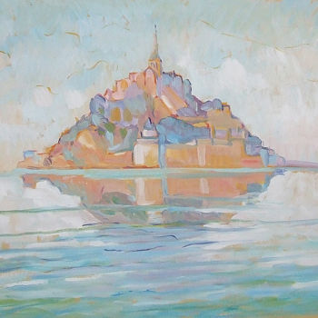 Painting titled "Le mont Saint Michel" by Patrick Marie, Original Artwork, Oil Mounted on Wood Stretcher frame