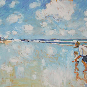 Painting titled "Plage normande" by Patrick Marie, Original Artwork, Oil Mounted on Wood Stretcher frame