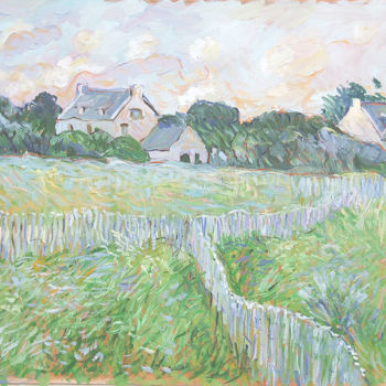 Painting titled "Village breton" by Patrick Marie, Original Artwork, Oil Mounted on Wood Stretcher frame