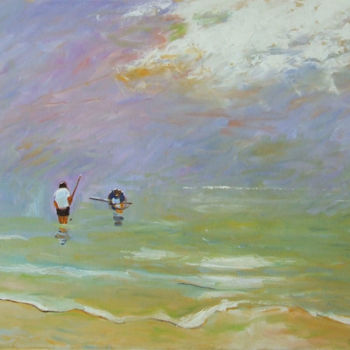 Peinture intitulée "La pêche aux crevet…" par Patrick Marie, Œuvre d'art originale, Huile Monté sur Châssis en bois