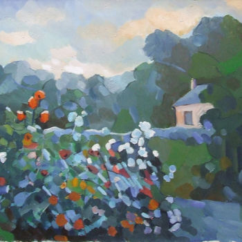 Pintura intitulada "Massif de dahlias l…" por Patrick Marie, Obras de arte originais, Óleo Montado em Armação em madeira