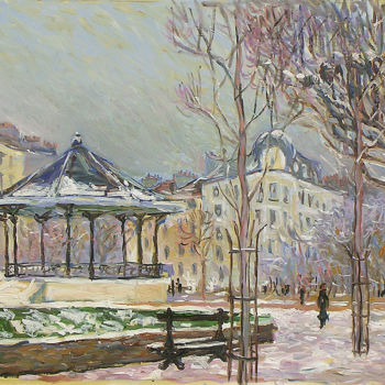 Painting titled "Le kiosque - Paris" by Patrick Marie, Original Artwork, Oil Mounted on Wood Stretcher frame