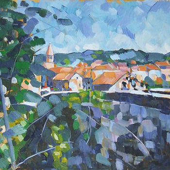 Painting titled "Village près d'Albi" by Patrick Marie, Original Artwork, Oil Mounted on Wood Stretcher frame