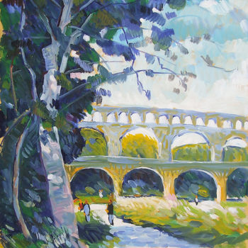 Malerei mit dem Titel "Le pont du Gard" von Patrick Marie, Original-Kunstwerk, Öl Auf Keilrahmen aus Holz montiert