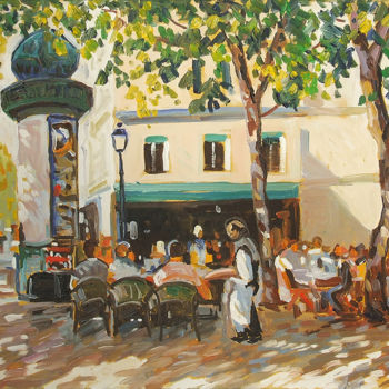 Painting titled "Café parisien  N°2" by Patrick Marie, Original Artwork, Oil Mounted on Wood Stretcher frame