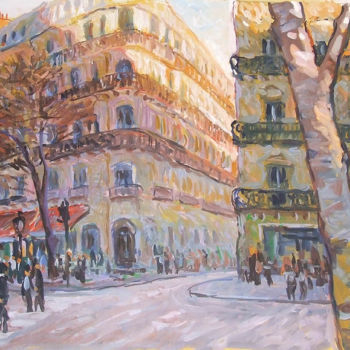 Painting titled "Rue de Paris" by Patrick Marie, Original Artwork, Oil Mounted on Wood Stretcher frame