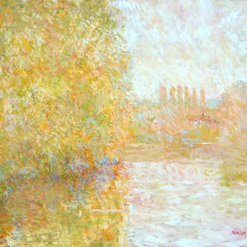 Painting titled "Brume sur la Seine" by Patrick Marie, Original Artwork, Oil Mounted on Wood Stretcher frame