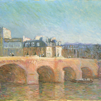Painting titled "Pont Neuf le soir -…" by Patrick Marie, Original Artwork, Oil Mounted on Wood Stretcher frame