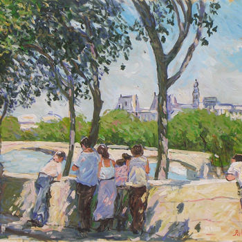 Painting titled "Badauds parisiens" by Patrick Marie, Original Artwork, Oil Mounted on Wood Stretcher frame