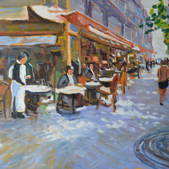 Painting titled "Une rue parisienne" by Patrick Marie, Original Artwork, Oil Mounted on Wood Stretcher frame