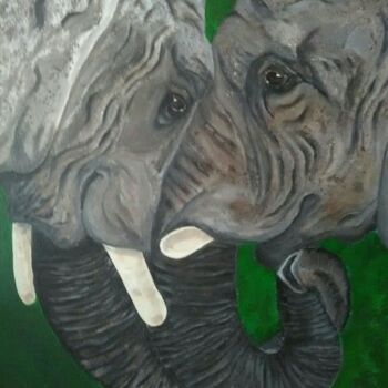 Painting titled "Couple Elephant" by Patrick Martin, Original Artwork, Acrylic