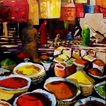 Painting titled "Marché aux epices" by Patrick Briere, Original Artwork, Oil Mounted on Wood Stretcher frame