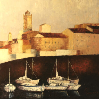 Painting titled "bastia" by Patrick Lemiere, Original Artwork, Oil Mounted on Wood Stretcher frame