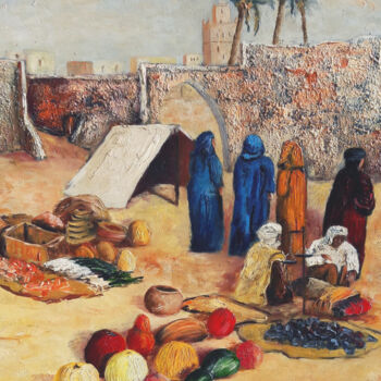 Painting titled "Marché marocain" by Patrick Lemiere, Original Artwork, Oil